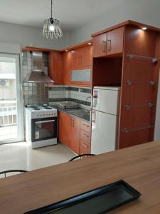 kuchnia z drewnianymi szafkami i białą lodówką w obiekcie AniBo studios and apartments ZERO POINT 35 w Salonikach