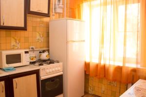 La cuisine est équipée d'un réfrigérateur blanc et d'un four micro-ondes. dans l'établissement Валенсия, à Petropavlovsk-Kamtchatski