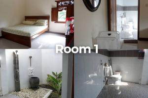 a bathroom with a bed and a room with a toilet at Omah Pinaringan in Solo