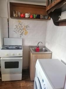 a small kitchen with a stove and a sink at Apartamenty u Deribasovskoi in Odesa