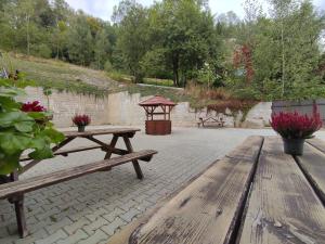 a picnic table and a gazebo on a patio at Penzion Sally in Albrechtice v Jizerských horách