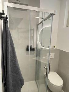 La salle de bains est pourvue d'une douche en verre et de toilettes. dans l'établissement Stylisches Apartment in zentraler Lage mit Balkon, à Karlsruhe