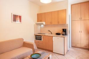 a living room with a couch and a kitchen at Marina Apartments in Kokkari