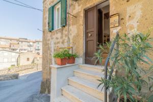 een trap naar een deur met potplanten bij La Dimora del Buttero in Farnese