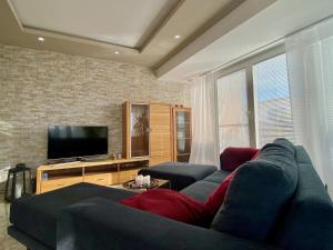 a living room with a couch and a flat screen tv at Ferienwohnung Riva - Wohlfühloase in ruhiger Lage in Lindau