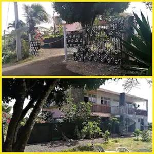 dos fotos de una casa con una valla en Studio avec sa terrasse et son jardinet dans un écrin de verdure en Les Abymes