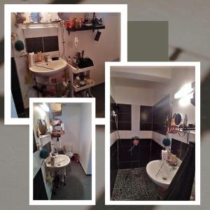 drie foto's van een badkamer met een wastafel en een spiegel bij Studio avec sa terrasse et son jardinet dans un écrin de verdure in Les Abymes