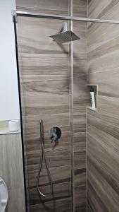 um chuveiro numa casa de banho com uma porta de vidro em Hotel Marigona em Shëngjin