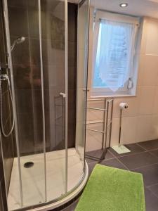 een badkamer met een douche en een groen tapijt bij Schöni´s Zimmer in Abstatt