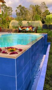 a blue swimming pool with flowers on top of it at Vacation Home Villa Namaste Colombia in Ulloa