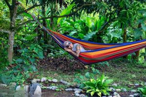 a man sleeping in a hammock in a forest at Vacation Home Villa Namaste Colombia in Ulloa