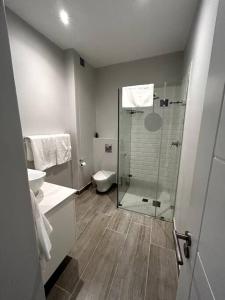 a bathroom with a glass shower and a toilet at Franschhoek Mountain Views in Franschhoek
