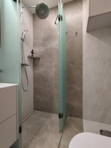 una doccia con porta in vetro in bagno di Cozy Apartment Vilnius a Vilnius
