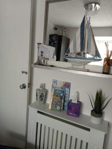 a shelf with books and a mirror in a room at Marjune Guest House in Weymouth