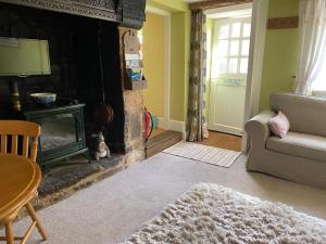 a living room with a fireplace and a couch at Lemon Cottage in Hatherleigh