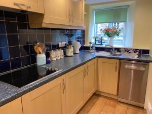 a kitchen with a sink and a counter top at Lemon Cottage in Hatherleigh