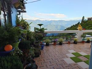 a balcony with potted plants and mountains in the background at Sunset Nest offbeat Homestay Perfect pause for Hikers in Darjeeling