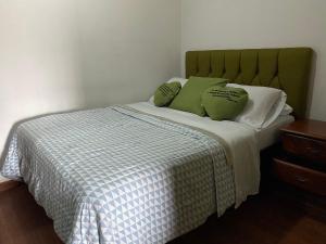 Bett mit grüner und weißer Bettwäsche und Kissen in der Unterkunft Apartment 10 minutes by the SJO airport - in Alajuela