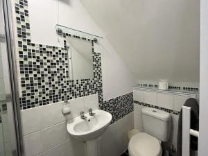 La salle de bains est pourvue d'un lavabo, de toilettes et d'un miroir. dans l'établissement Causey Maisonette, à Hastings