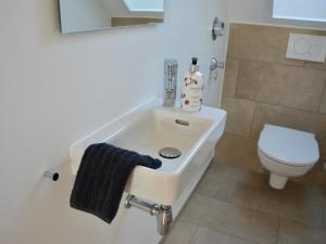 a bathroom with a white sink and a toilet at Ferienwohnung 180 Grad in Wasserburg am Bodensee