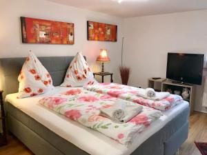 a bedroom with a bed with pillows and a television at Ferienwohnung Luna - Charmant und zentral im renovierten Insel-Altstadthaus in Lindau +12 photos