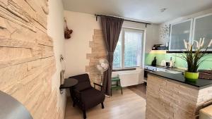 Bastien Studio near Airport في براغ: غرفة معيشة صغيرة مع كرسي ومطبخ