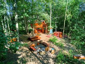 an aerial view of a house in the woods at Treehous Sněžník s wellness in Dolní Morava