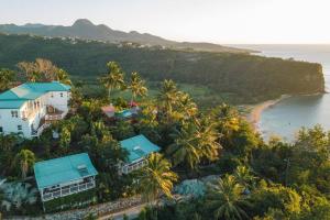 una vista aérea de un complejo con palmeras y el océano en Amazing mountain top home with stunning views!, en Bahía Marigot