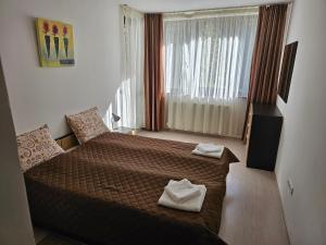 a hotel room with a bed and a window at Apartments in Borovets Gardens in Borovets