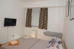 een kleine slaapkamer met een bed en een televisie bij King-size bed, Free parking, kitchenette, wifi apartments in Skopje