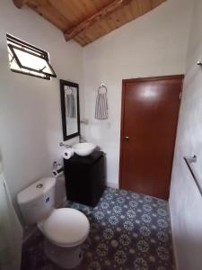 La salle de bains est pourvue de toilettes, d'un lavabo et d'un miroir. dans l'établissement Mountain Cabin - Nature and Relax, à Fúquene