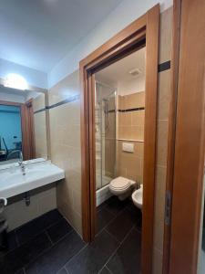 a bathroom with a toilet and a sink and a shower at Hotel Residence Sestriere in Moncalieri