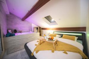 a bedroom with a large bed and a bath tub at Lova Spa Saint-Etienne in Saint-Étienne