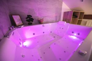 a pink bath tub with lights in a bathroom at Lova Spa Saint-Etienne in Saint-Étienne +21 photos
