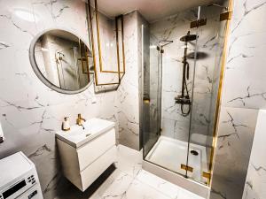 a bathroom with a shower and a sink and a mirror at Balticus Apartament Promenada Gwiazd 14 in Międzyzdroje