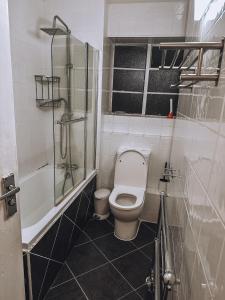 a small bathroom with a toilet and a shower at Cosy 2 bedroom apartment in Swiss Cottage. in London