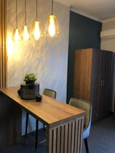 Una mesa de comedor con una planta en maceta encima. en MOOW Belgrade Waterfront View Apartments, en Belgrado