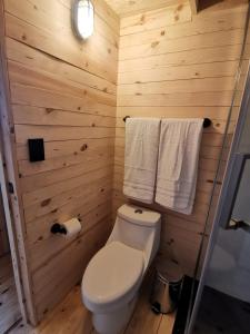 a small bathroom with a toilet and towels at Bosques del Cielo in Los Lirios