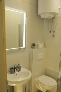 y baño con lavabo, aseo y espejo. en Bezdan Guesthouse, en Bezdan