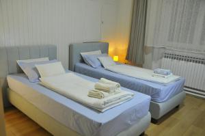 Bezdan Guesthouse في Bezdan: سريرين في غرفة الفندق عليها مناشف
