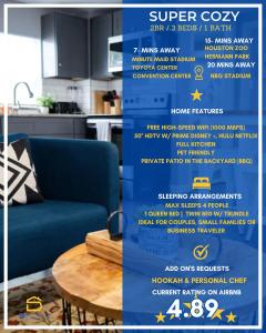 a flyer with a blue couch and a table at Super Cozy 2 bedroom with Fast WIFI and Queen Bed close to Downtown Houston!! in Houston