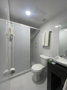 a bathroom with a toilet and a shower and a sink at Hotel GALENO in Veracruz