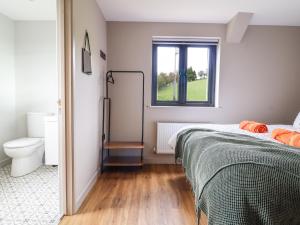 a bedroom with a bed and a window and a toilet at Mynydd Y Glyn Lodge in Llanfyllin