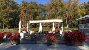 a pavilion with tables and chairs and red flowers at Trzy Kolory in Polanica-Zdrój