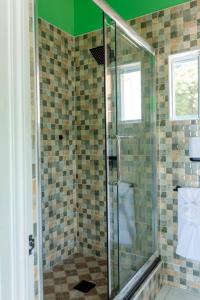 eine Dusche mit Glastür im Bad in der Unterkunft Maggie's Inn in Soufrière