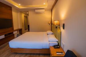 a hotel room with a bed and a television at Hotel Fewa Trip in Pokhara