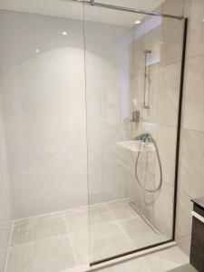 a shower with a glass door in a bathroom at Ramonda Belgrade Waterfront - BW Aqua in Belgrade +29 photos
