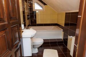 a bathroom with a toilet and a tub and a sink at Casa Iager - Vama Buzaului 