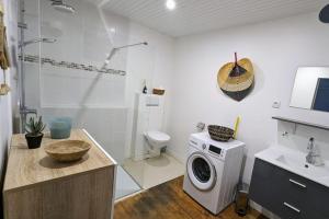 a bathroom with a washing machine and a toilet at Cocon de charme avec spa, proche de la plage in Les Trois-Îlets