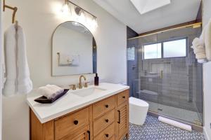 a bathroom with a sink and a shower at Three Bedroom, Amazing Views, Hot Tub and Pets Allowed, Close to Chapel of the Holy Cross and Chapel Hill, less than 1mi to Trailheads in Sedona +35 photos